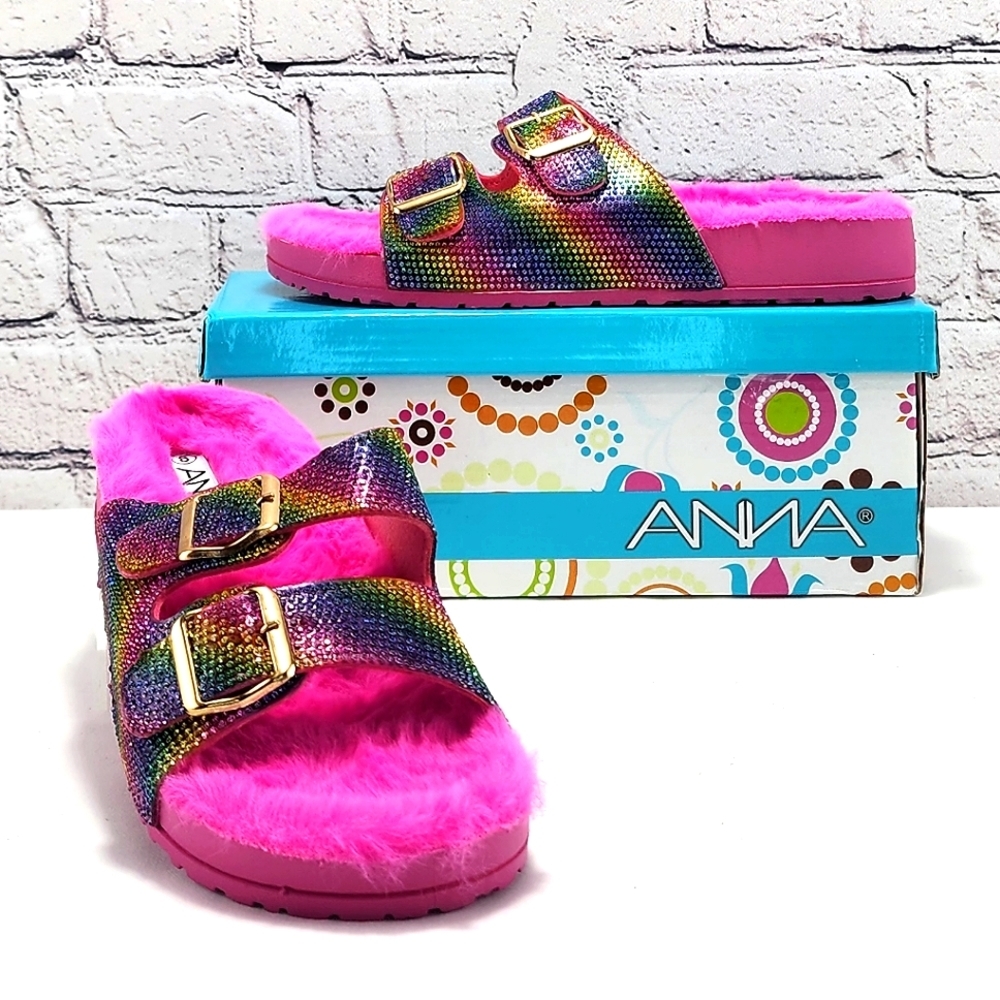 ANNA – NWB, sandals, furry, rhinestone, rainbow, size 8